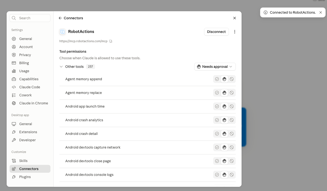 RobotActions connected in Claude — the full set of device tools is now available to the agent.