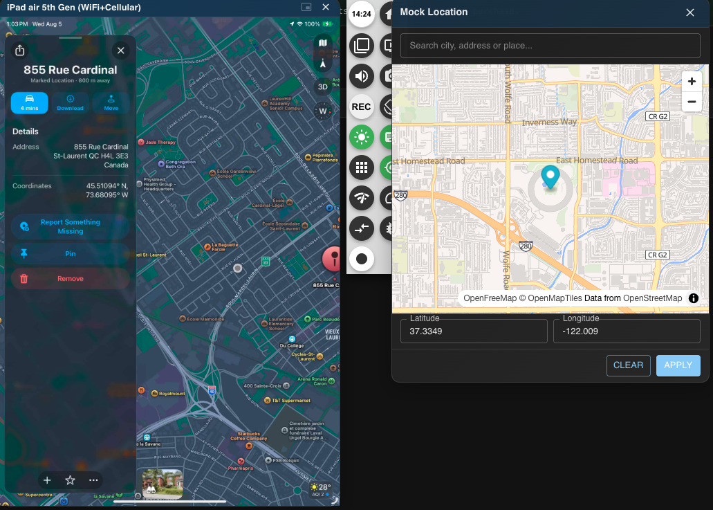 Mock the device's GPS from the control panel (right) while the Maps app runs live on the real device (left).